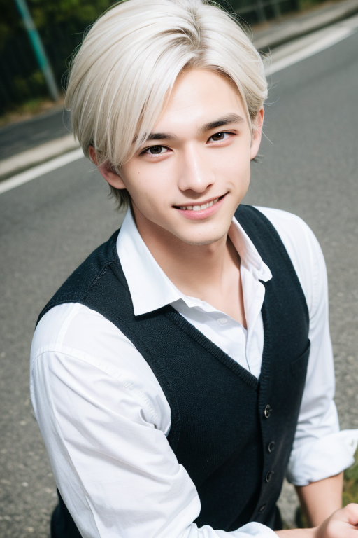[Boy-016] boy, man, white hair, handsome, cute, teen, teenage, city, street background, free images, Ai images