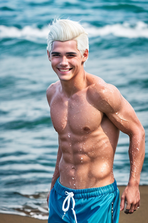 [Boy-079] Handsome teen white haird boy in a sea, in a beach