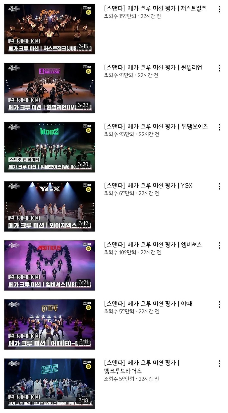 스맨파 메가크루 영상 조회수 순위 ️비지비 트릭스 오천 인스타 나이 프로필 인규 ️스트릿맨파이터 첫 탈락 크루 프라임킹즈 저스트절크 원밀리언 ygx 어때 위댐보이즈 엠비셔스
