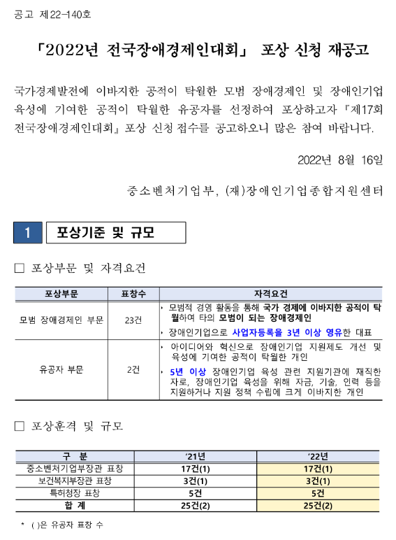 2022년 제17회 전국장애경제인대회 포상 신청 재공고