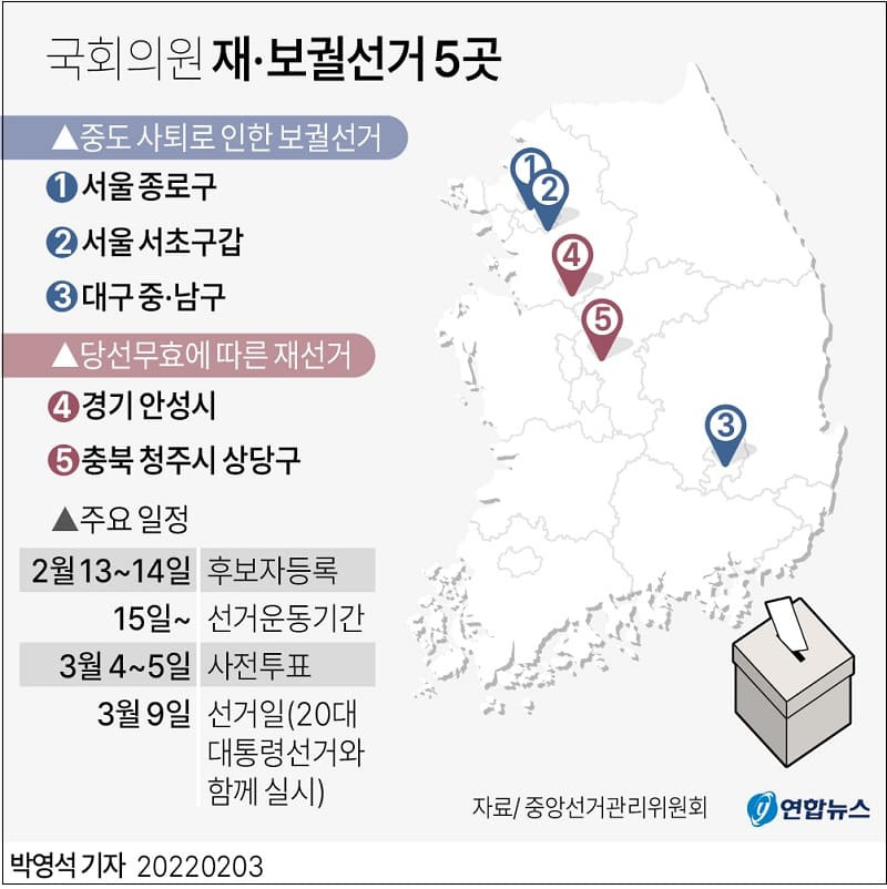 국회의원 재·보궐선거 선거구 5곳