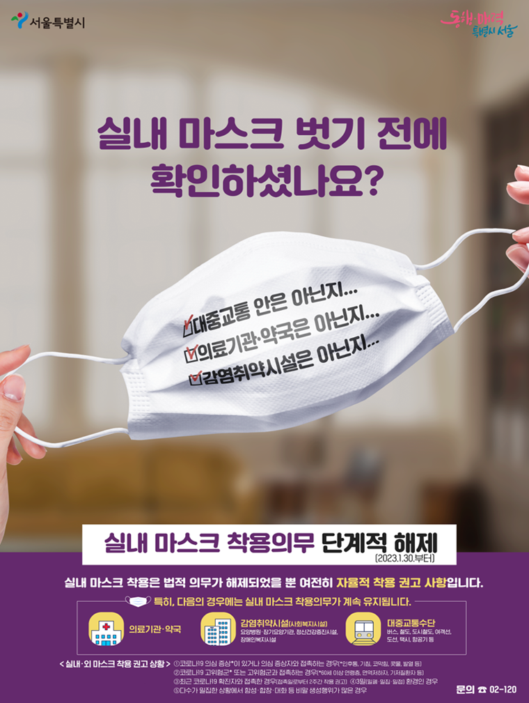 실내 마스크 의무 해제 (대중교통과 의료기관은 제외)
