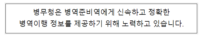 병무청은 병역준비역에게 신속하고 정확한 병역이행 정보를 제공하기 위해 노력하고 있습니다