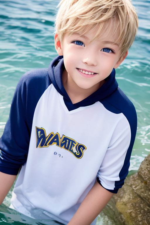 [Boy-163] Free live-action image of a boy on a blonde wall against a blue beach background, free Ai image of summer-related people