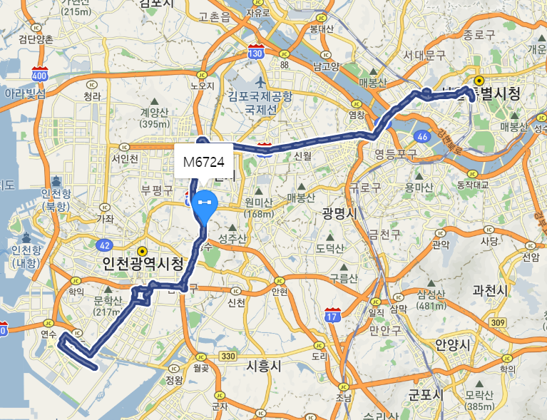[광역급행] M6724 버스 시간표, 노선 정보 : 인천 송도, 동춘역, 서울역, 합정역, 신촌 이대역