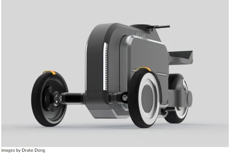 아틀라스의 신선한 식료품 배달  스쿠터 ATLAS, a three-wheeled electric delivery scooter, keeps groceries fresh in its storage pods