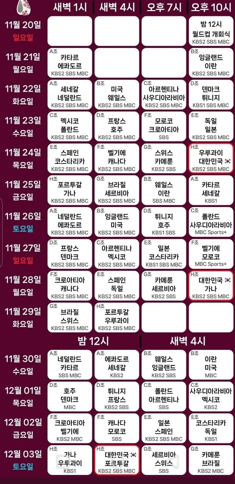 카타르월드컵 일정 정리