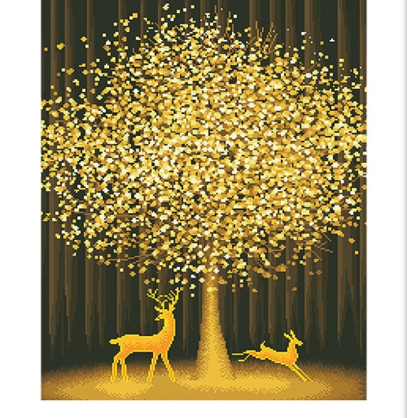 취미생활 디클레어 액자형 캔버스 보석십자수 DIY 키트 60 x 75 cm 황금나무와 사슴 돈들어오는그림
