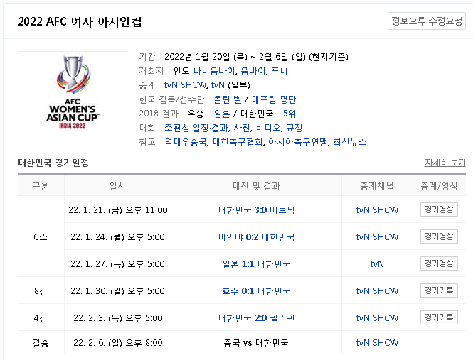 여자 축구 아시안컵 결승 한국 vs 중국 실시간 중계 무료 시청 바로가기 2/8 20시