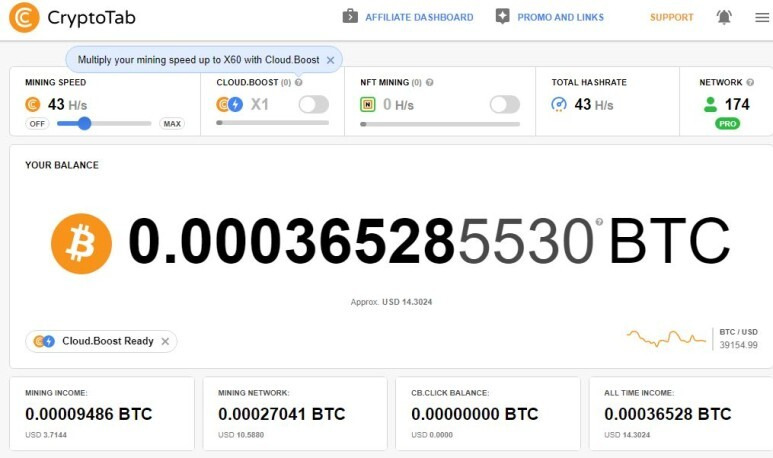 크립토탭 CryptoTab 브라우저를 통한 비트코인 채굴 현황 및 채굴 네트워크 174명 (2022.03.14)