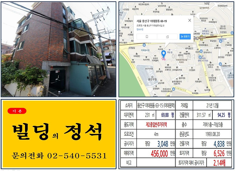 용산구 이태원 퀴논길 40억 꼬마빌딩 실거래가 조회 이태원동 63-15 (이태원역) 45억 6,000만 원, 평당 6,526만 원 매매되었습니다.