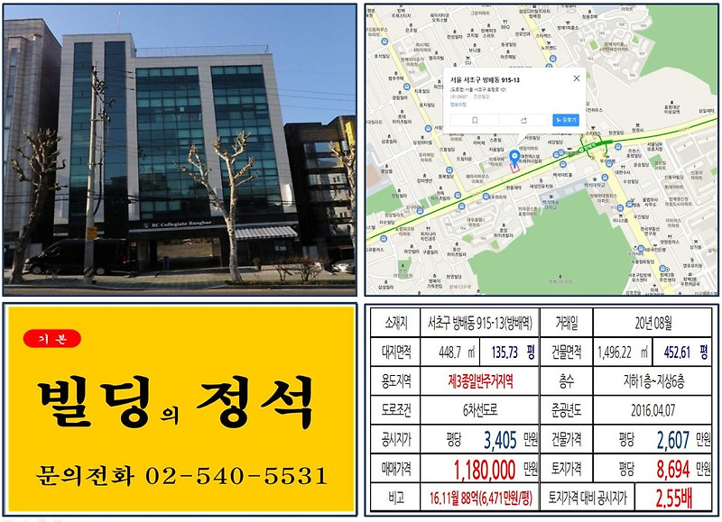 [서초구 효령로 대로변 역세권 100억 빌딩 실거래가 조회] 방배동 915-13 (방배역) 118억 원, 평당 8,694만 원 매매되었습니다.