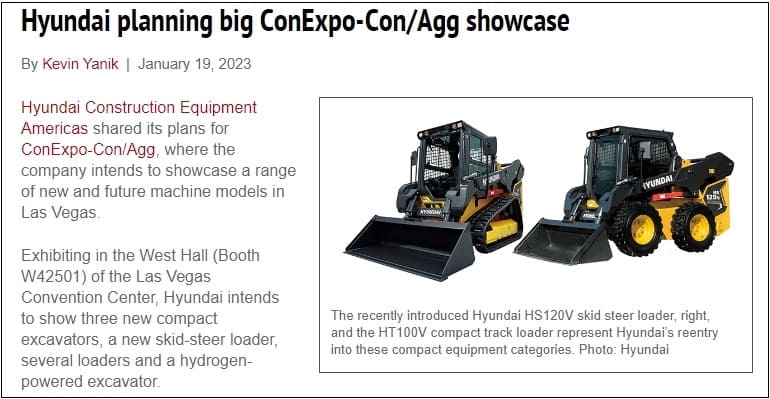 세계 3대 건설기계 박람회 '콘엑스포(CONEXPO-CON/AGG)' 출품 동향...대세는 전기굴착기 Hyundai planning big ConExpo-Con/Agg showcase