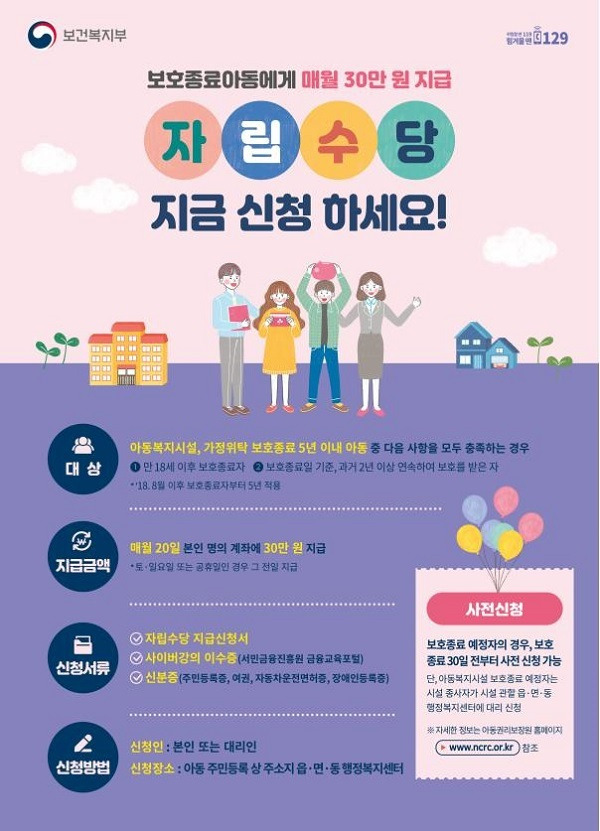 [보건복지부] 이달부터 자립준비청년 자립수당 대상 확대…월 30만원 지원(보호종료 3년→5년…내년 지원대상 1만명으로 늘어나)