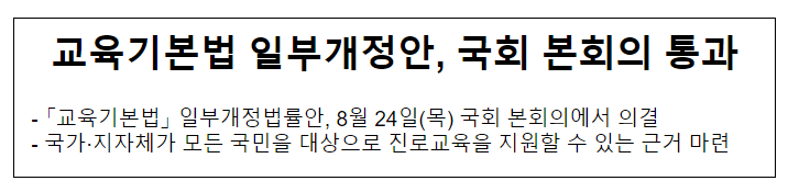 교육기본법 일부개정안, 국회 본회의 통과 - 「교육기본법」 일부개정법률안, 8월 24일(목) 국회 본회의에서 의결 - 국가?지자체가 모든 국민을 대상으로 진로교육을 지원할 수 있는