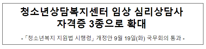청소년상담복지센터 임상 심리상담사 자격증 3종으로 확대