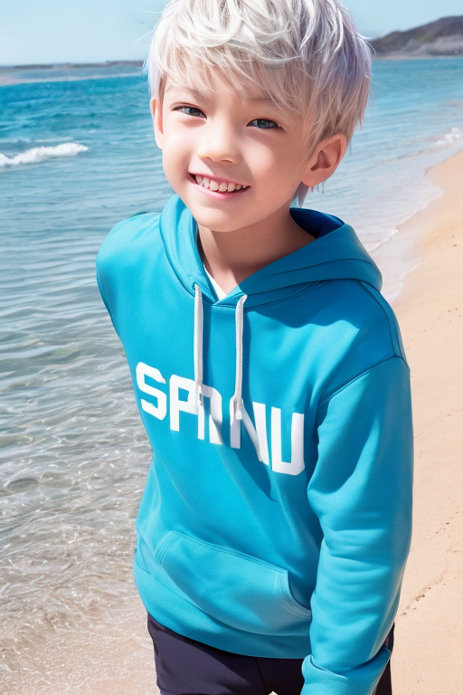 [Boy-075] Free commercially available images of white haird boy who play in a beach, in a sea
