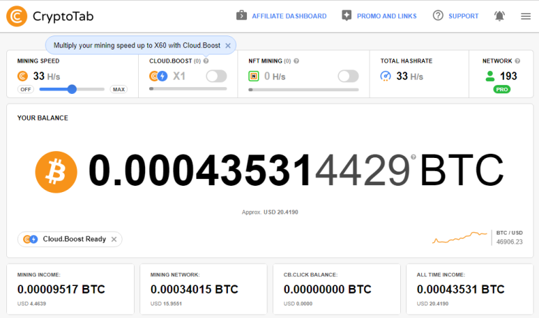 크립토탭 CryptoTab 브라우저를 통한 비트코인 채굴 현황 및 채굴 네트워크 193명 (2022.04.05)