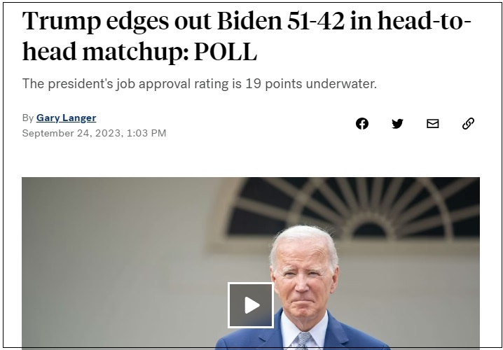 추악한 바이든 정부, 트럼프 내년 대선 출마 저지해: 여론조사, 트럼프가 압도적 우세 Trump edges out Biden 51-42 in head-to-head matchup: POLL