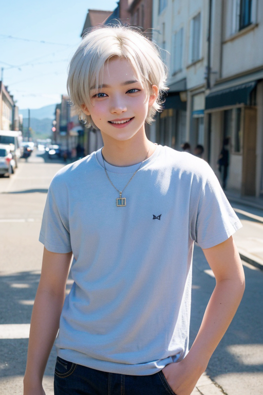 [Boy-020] white haird boy in a street background, Free Images