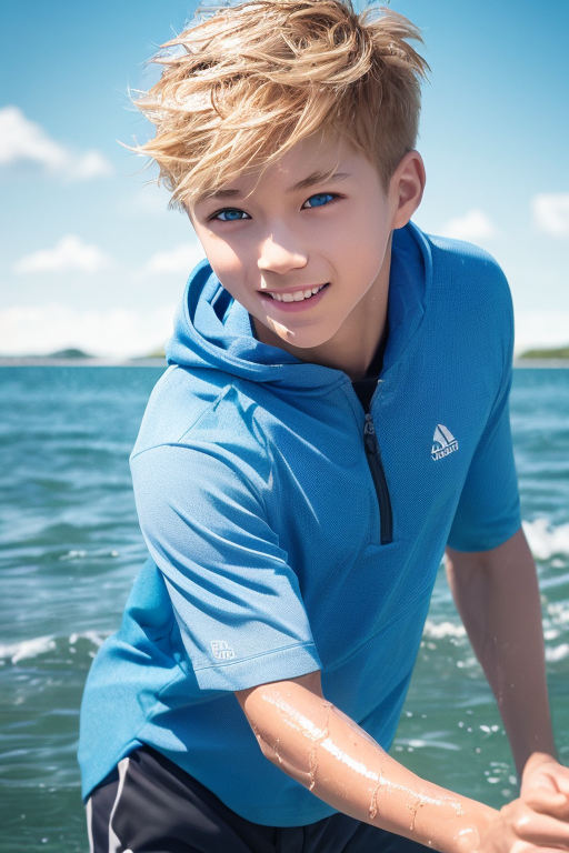 [Boy-165] Free image of a blond, blue-eyed boy with sea background, teen, man, beach
