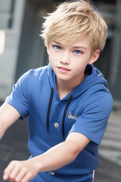 [Boy-108] Free live-action Ai images of a blond haird and blue-eyed boy in a city background