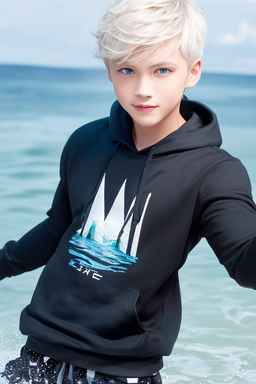 [Boy-067] Free commercially available images of white hair and blue eyes boy in a beach
