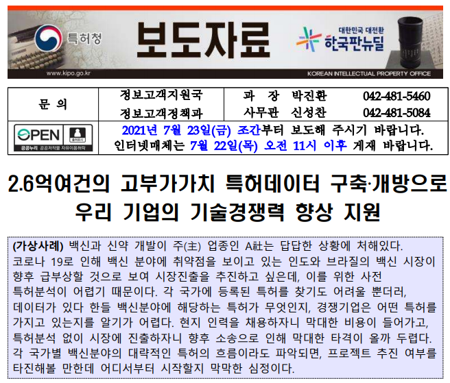 [특허청] 2.6억여건의 고부가가치 특허데이터 구축‧개방으로 기업의 기술경쟁력 향상 지원