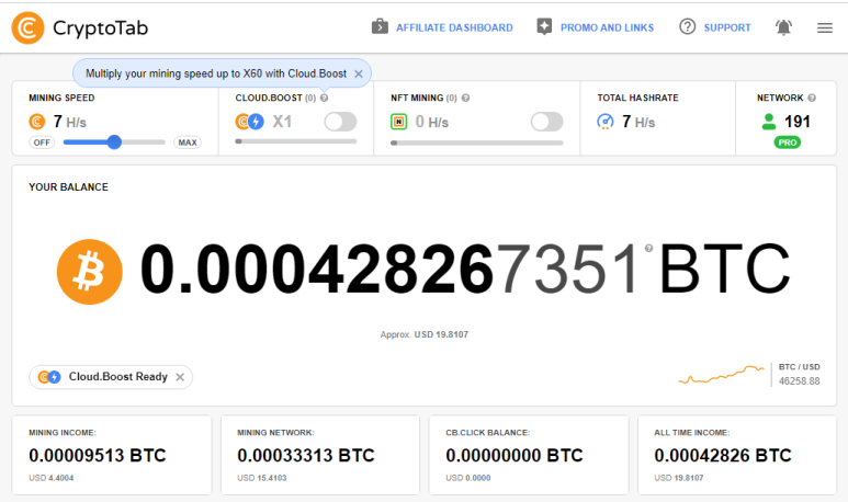 크립토탭 CryptoTab 브라우저를 통한 비트코인 채굴 현황 및 채굴 네트워크 191명 (2022.04.03)