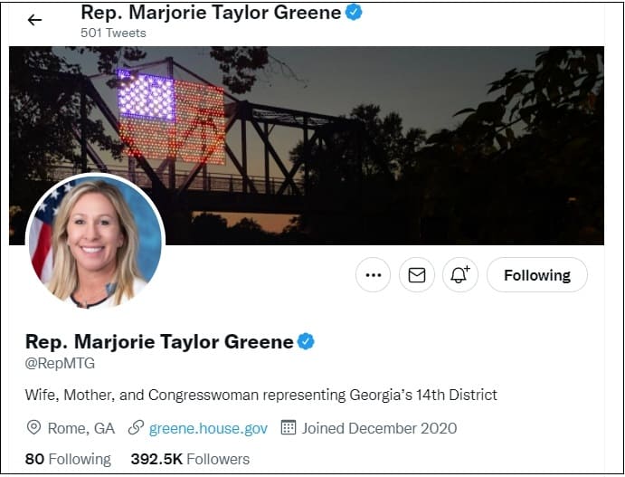 미 최고인기 정치인 트위터 계정 또 영구 정지?...너무 좋아하는 조선일보 Crazy Twitter 'permanently suspends' Marjorie Taylor Greene's personal account