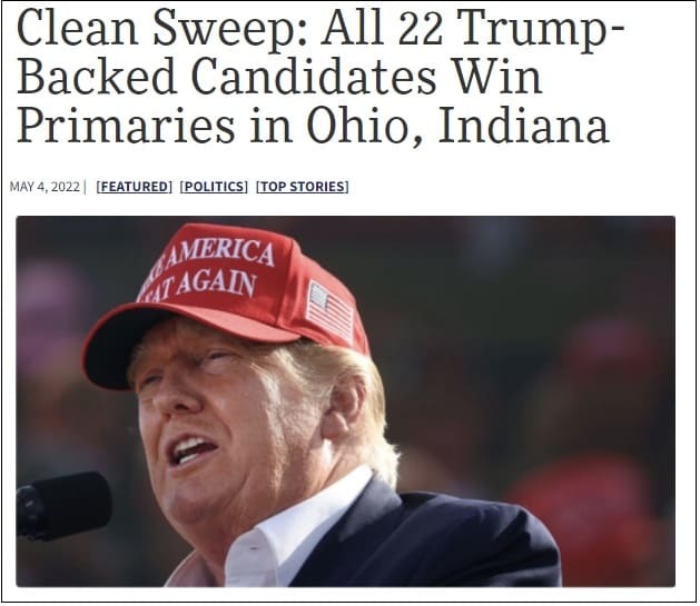 트럼프가 지지한 후보들 예비선거에서 22-0 ...민주당 전멸 VIDEO:Clean Sweep: All 22 Trump-Backed Candidates Win Primaries in Ohio, Indiana