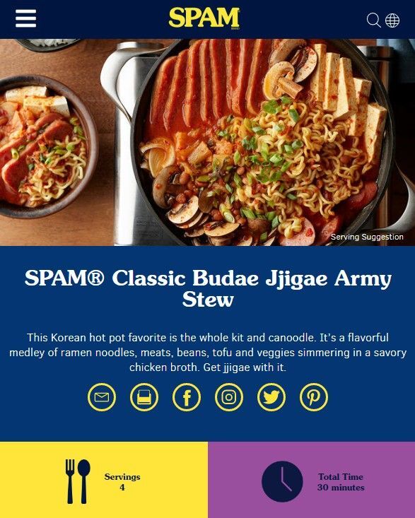 부대찌개, 미국 스팸 본사 홈페이지에 올라온 한국음식 레시피