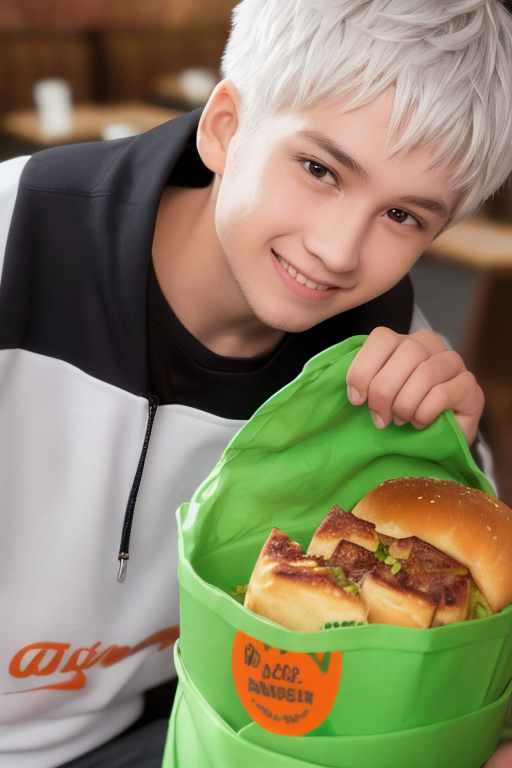 [Boy-091] boy, man, white hair, handsome, cute, teen, teenage, cafe & restaurant background, free images, Ai images