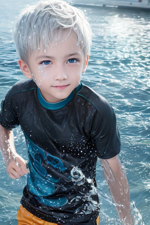 [Boy-063] white haird and Blue eyes Boy play in sea, water. Free Images