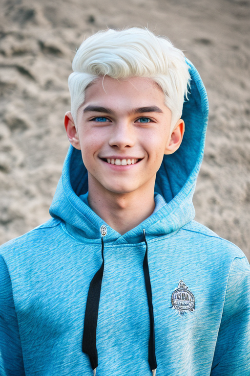 [Boy-068] white hair & blue eyes teen boy in a beach, sea background