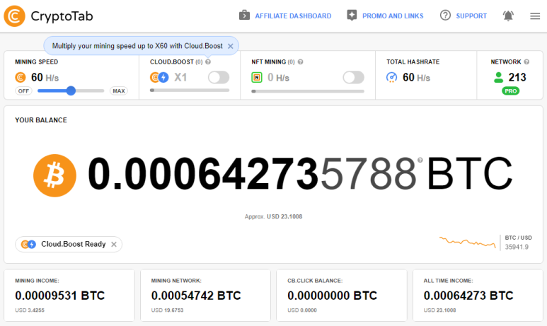 크립토탭 CryptoTab 브라우저를 통한 비트코인 채굴 현황 및 채굴 네트워크 213명 (2022.05.06)