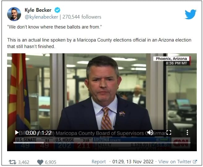 충격! 애리조나 마리코파, 2020년 미 대선에 이어 중간선거에서도 선거 부정?  VIDEO: “We don’t know where these ballots are from.” Kyle Becker