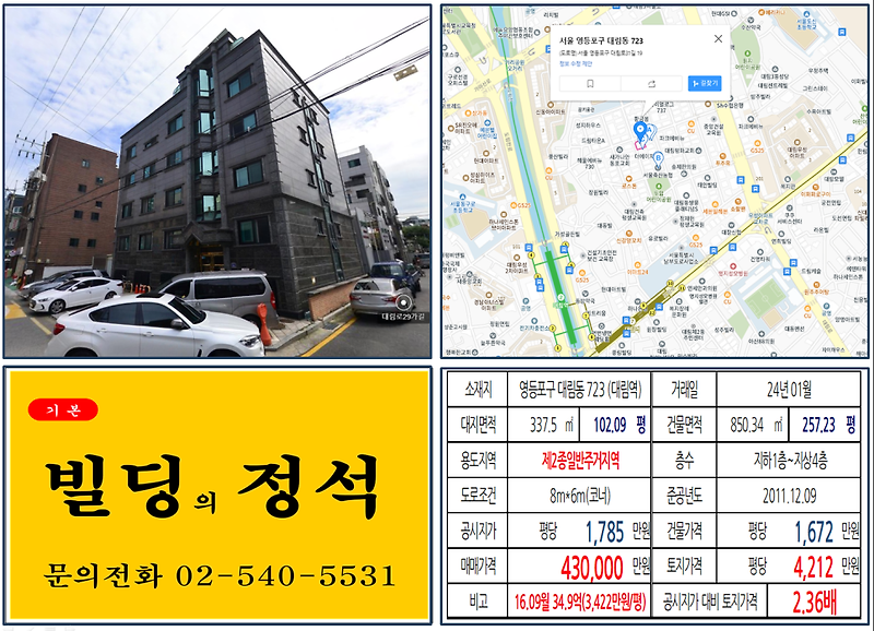 영등포구 7호선 역세권 40억 빌딩 실거래가 조회 대림동 723 (대림역) 43억 원, 평당 4212만 원 매매되었습니다.