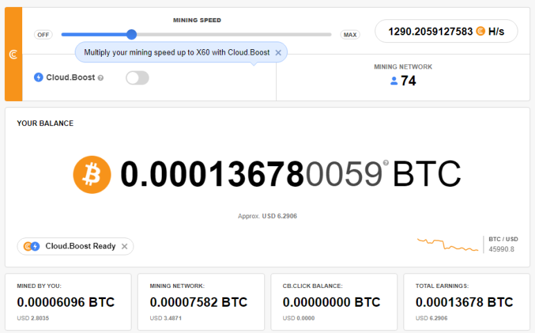 크립토탭(CryptoTab) 브라우저를 통한 비트코인 채굴 현황 및 채굴 네트워크 74명 (2021.12.20)