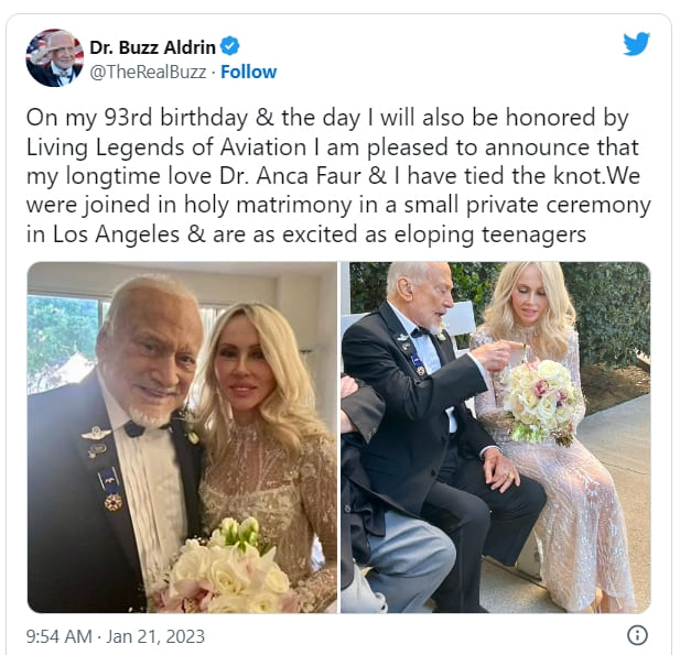 아폴로 11호 우주비행사 버즈 올드린, 93세에 동료와 결혼 VIDEO:  Astronaut Buzz Aldrin, 93, marries long-time partner