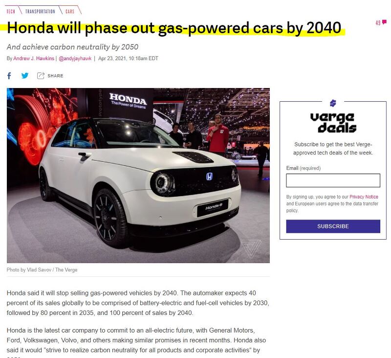토요타에 이어 혼다 또한 2040년까지 연소 자동차 단계적으로 중단