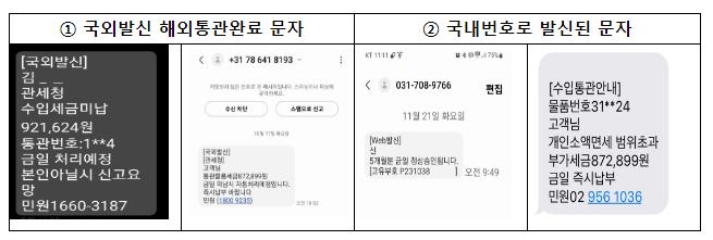 ‘관세 미납 … 금일처리요망 … 자동이체예정’ 관세청 사칭 피싱 사기 주의하세요
