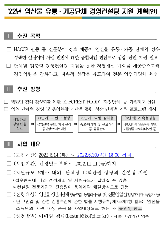 2022년 임산물 유통ㆍ가공단체 경영컨설팅 지원 계획 공고