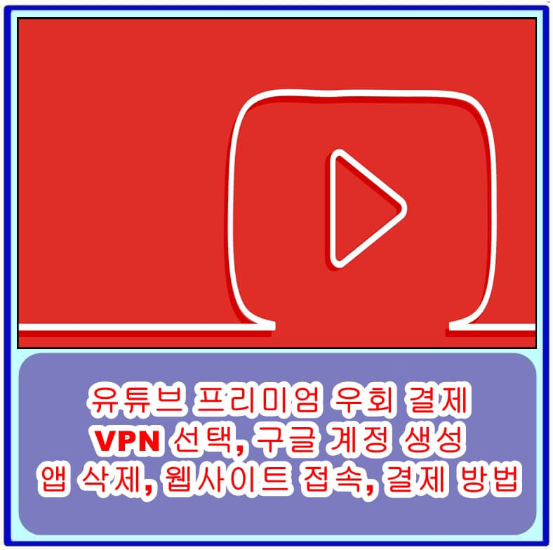 유튜브 프리미엄 우회 결제에 대한 VPN 선택, 구글 계정 생성, 유튜브 앱 삭제, 웹사이트 접속, 결제 방법