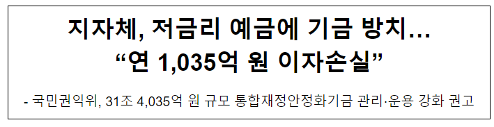 지자체, 저금리 예금에 기금 방치…“연 1,035억 원 이자손실”