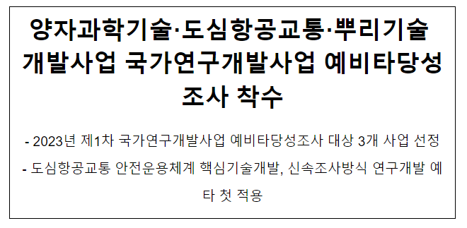 양자과학기술, 도심항공교통, 뿌리기술 개발사업, 국가연구개발사업 예비타당성조사 착수