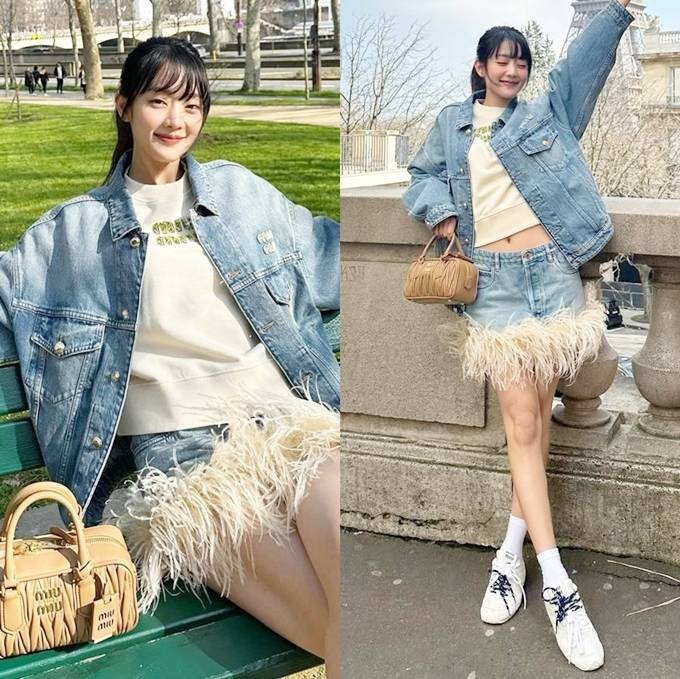 그룹 (여자)아이들 멤버 민니가 파리에서 패션쇼 일정을 끝내고 힙한 깃털 청청패션으로 자유를 만끽했다.