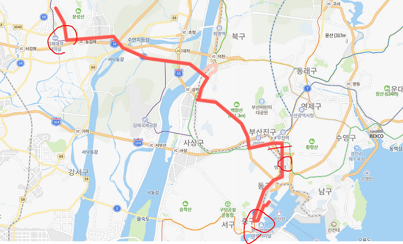 [급행] 부산 1004번버스 노선 시간표 : 김해시청, 인제대역, 평강역, 서면역, 부산역, 부산항국제여객터미널