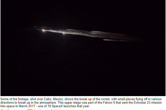 스페이스X 팰컨 9 로켓, 발사 5년 만 대기권 분해 놀라운 장면 포착 VIDEO: Spectacular footage shows a SpaceX rocket breaking up in Earth’s atmosphere over Mexico..