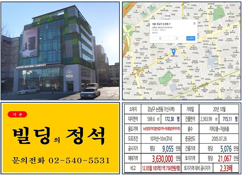 [강남구 도산대로 신사위례선 호재지역 300억 빌딩 실거래가 조회] 논현동 7 (신사역) 363억 원, 평당 2억 1,067만 원 매매되었습니다